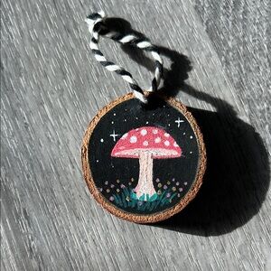 Hand painted mushroom wood ornament